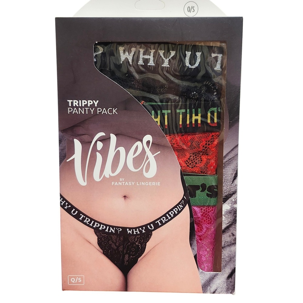 Vibes by Fantasy Lingerie QUEEN SIZE Trippy Panty Pack 3 Piece Lace Thong Set QS